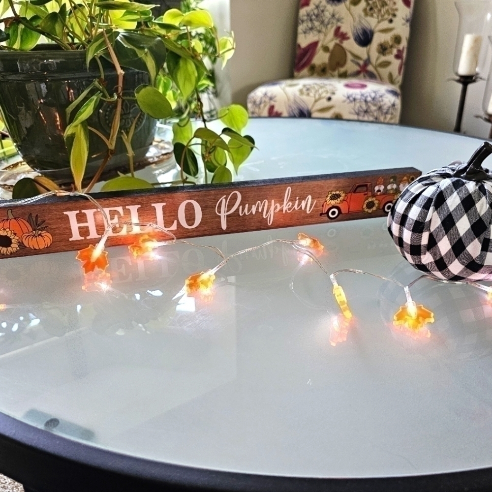 HELLO PUMPKIN FALL HARVEST FARMHOUSE DECOR W/GINGHAM PUMPKIN & MAPLE LEAF LIGHTS